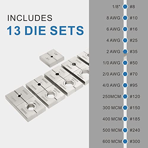 Juego de herramientas para cables hidráulicos industriales de 16 toneladas de 9 AWG a 600 MCM de cable de terminal eléctrico incluye 13 pares de juegos de troqueles