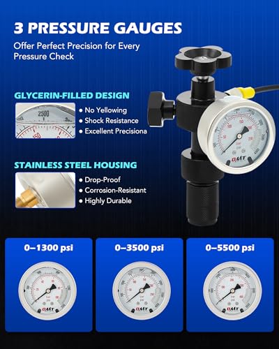 Orion Motor Tech Kit de carga de acumulador de nitrógeno hidráulico, kit de llenado de nitrógeno con 3 indicadores 1300 3500 5500 psi, 6 adaptadores, manguera de gas y cuerpo de válvula principal, kit