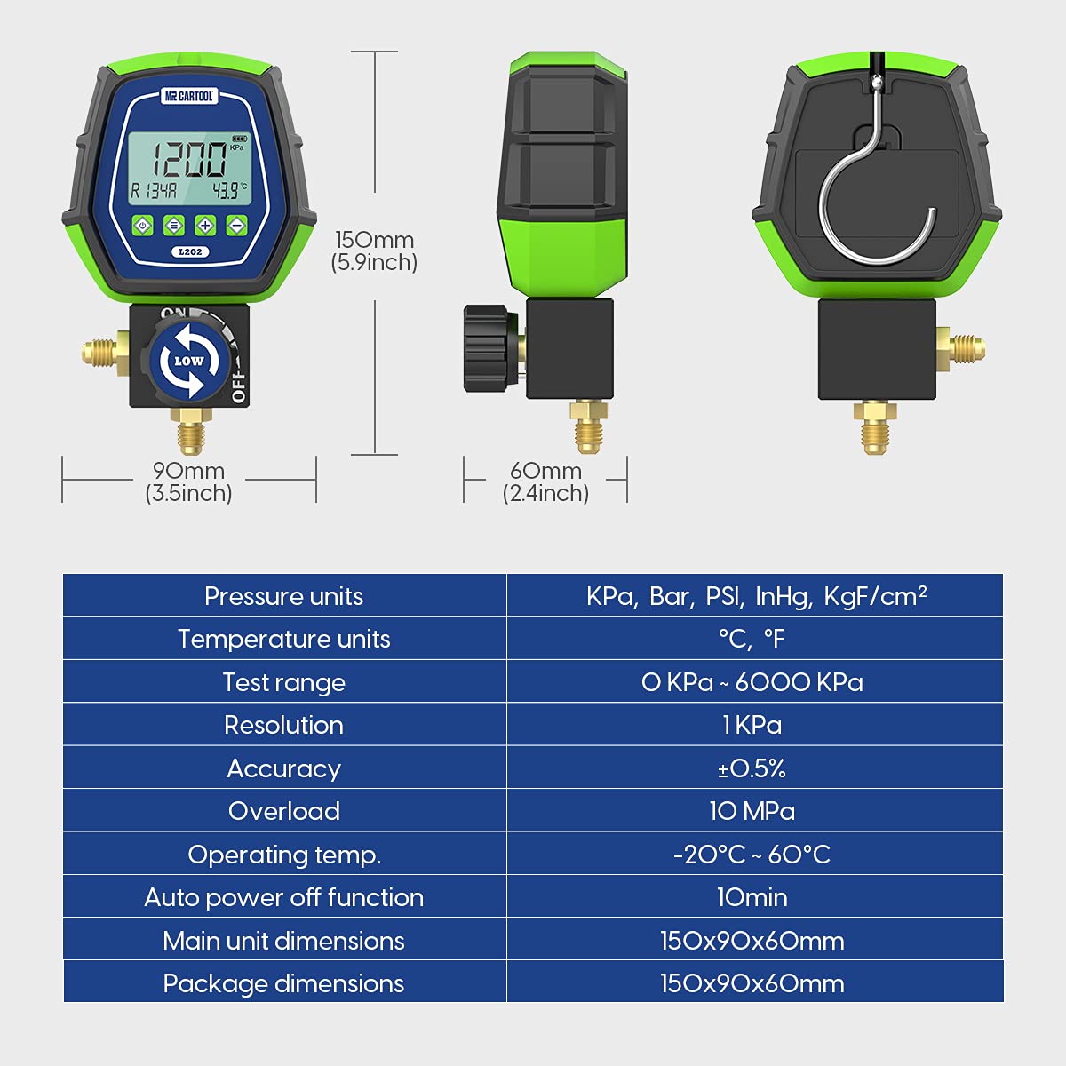 MR CARTOOL L302 - Juego de medidores digitales de 2 válvulas, sistemas refrigerantes HVAC, herramienta de comprobador de presión de fugas con 3 mangueras para aire acondicionado, refrigeración y