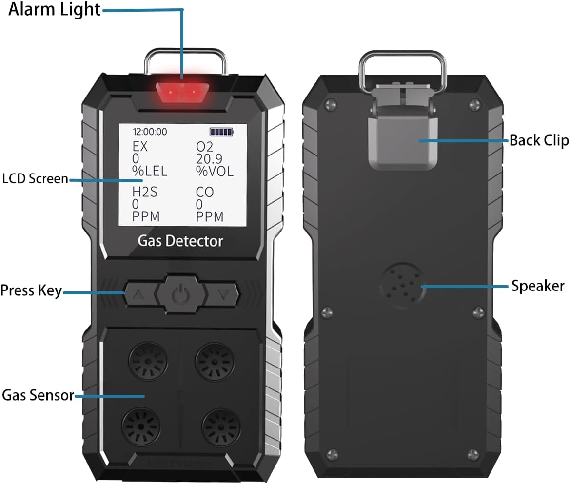 Detector de 4 gases, 4 monitores de gas portátil Detector de gas múltiple H2S, O2, CO y EX Pantalla LCD recargable Monitor H2s, sensor de calidad, medidor de gas de 13.1 ft (negro)