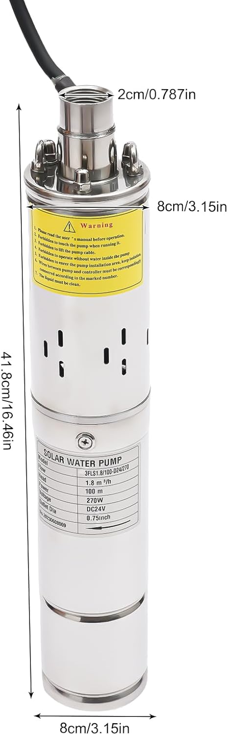 Bomba sumergible solar de pozo profundo de 3 pulgadas, 24 V, 270 W, bomba de agua solar sumergible de acero inoxidable para riego agrícola + kit de controlador MPPT 3FLS1.8/100-D24/270 (24 V 270 W)