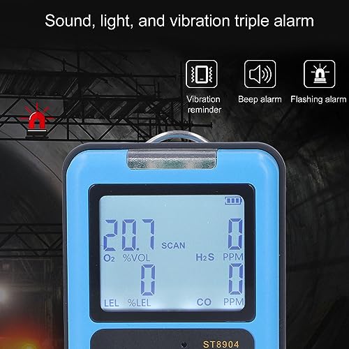 Detector de Gas, 4 en 1 CO H2S O2 LEL Monitor de Gas Medidor Analizador con 3 Modos de Alarma Alarma de Vibración de Luz de Sonido, Pantalla Retroiluminada Recargable Probador de