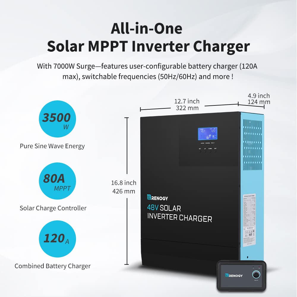 Renogy Inversor de onda sinusoidal pura de 48 V 3500 W, todo en uno con controlador de carga MPPT, modo de ahorro de energía DC 48V a CA 120V, sobretensión 7000W, solar, carga de batería del