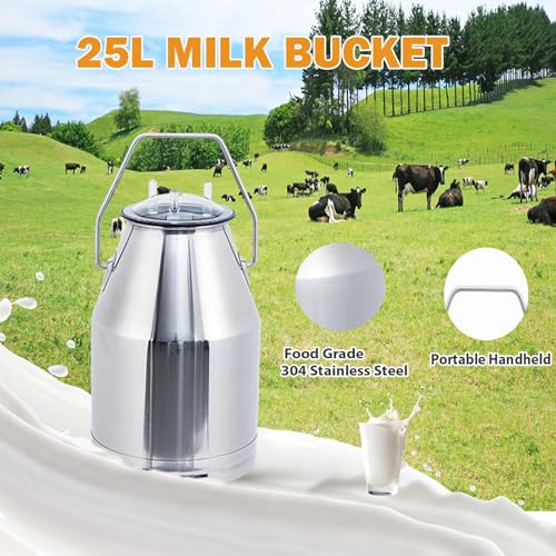Máquina de ordeño de vaca de 25L/6.6 galones, máquina de ordeñar eléctrica con cubo de acero inoxidable 304, ordeñador al vacío de pulsación automática con tazas y tubos de silicona, para