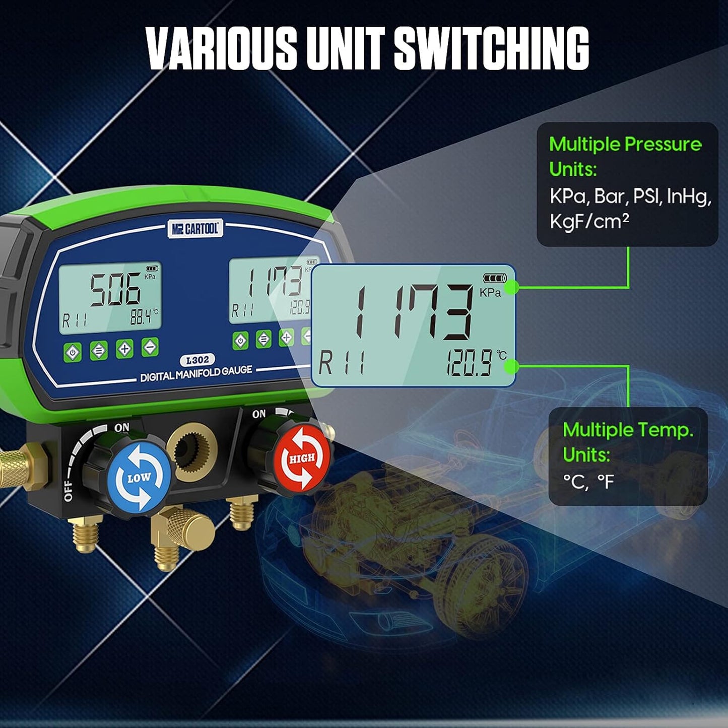 MR CARTOOL L302 - Juego de medidores digitales de 2 válvulas, sistemas refrigerantes HVAC, herramienta de comprobador de presión de fugas con 3 mangueras para aire acondicionado, refrigeración y