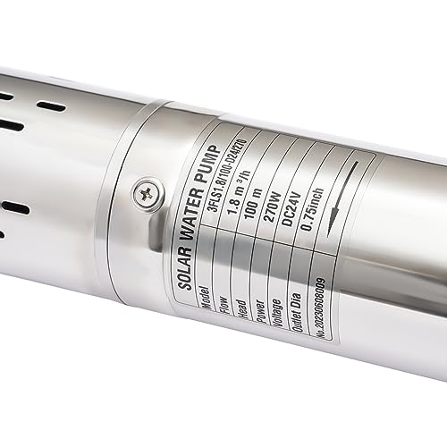 Bomba sumergible solar de pozo profundo de 3 pulgadas, 24 V, 270 W, bomba de agua solar sumergible de acero inoxidable para riego agrícola + kit de controlador MPPT 3FLS1.8/100-D24/270 (24 V 270 W)