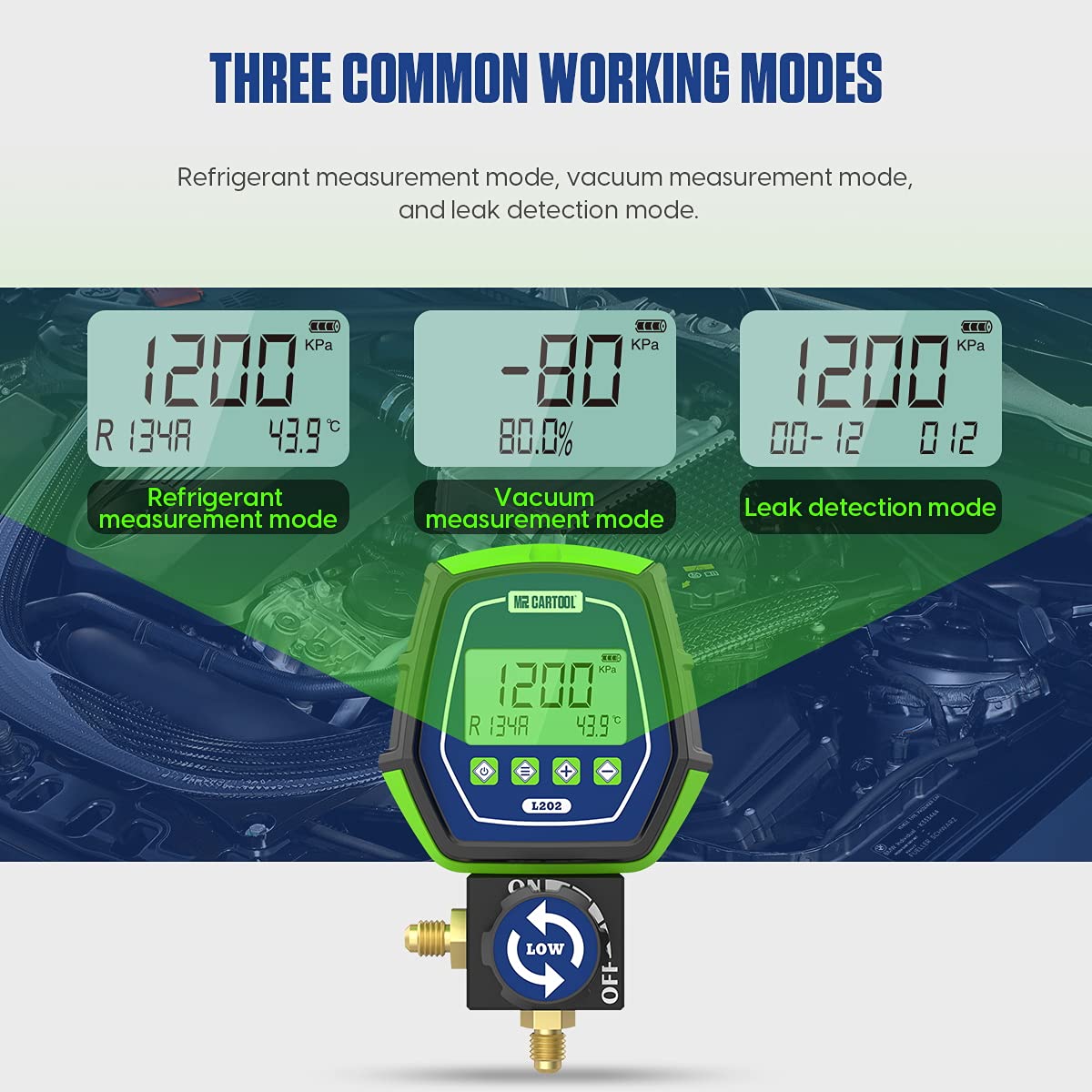MR CARTOOL L302 - Juego de medidores digitales de 2 válvulas, sistemas refrigerantes HVAC, herramienta de comprobador de presión de fugas con 3 mangueras para aire acondicionado, refrigeración y