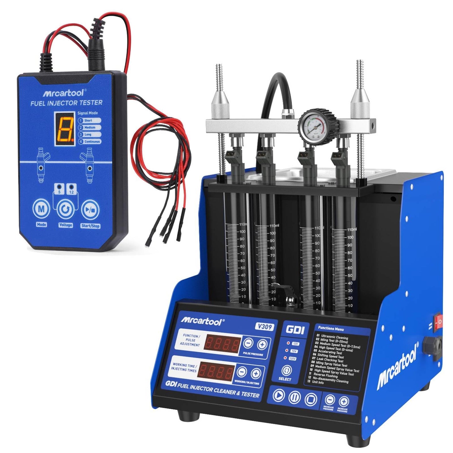 MR CARTOOL V309 Inyector de Combustible Limpiador Tester Machine Diesel & Gasolina, Sistema de Inyección de Combustible Prueba Ultrasónica Kit de Herramientas Limpias para Coche Motocicleta de 4