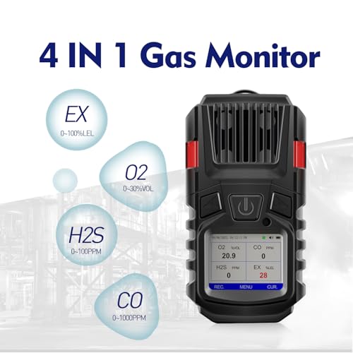 Detector de gas, 4 monitores de gas, detector de gas múltiple EX O2 H2S con clip, detector de gas recargable de 3000 mAh, vista de registros y curvas, monitor de gas portátil de 4 gases, detector de
