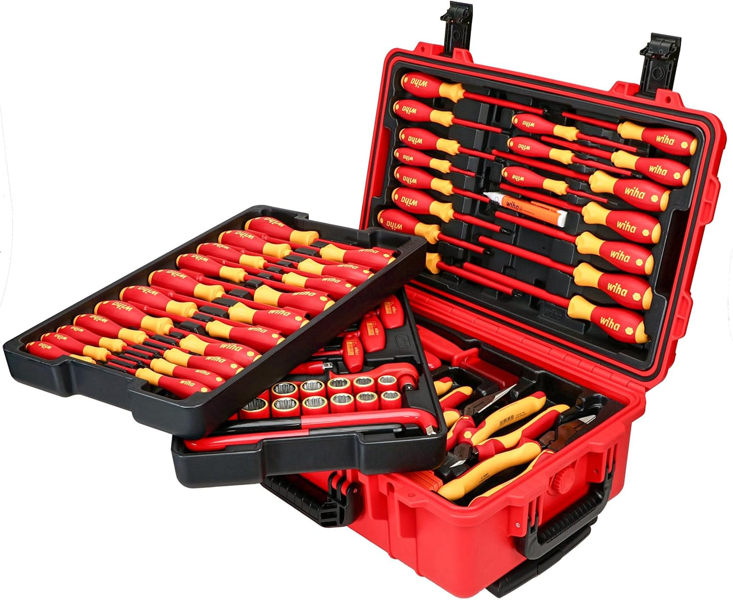 Wiha 32800, juego de herramientas aisladas con desarmadores, llaves para tuercas, pinzas, cortadoras, cuchillos y dados en bolsa de herramientas desplegable, 80 unidades