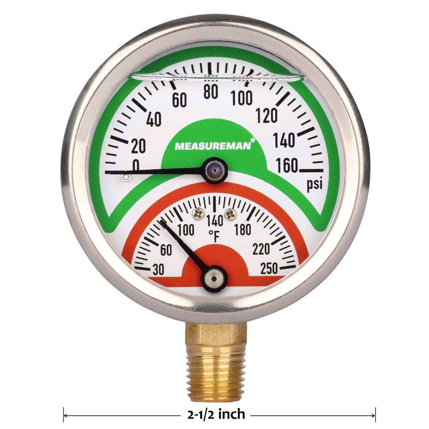 Measureman Tridicador, termo-manómetro, 2-1/2 pulgadas, relleno de aceite de silicona, 0-160 psi/30-250 grados F, caja de acero inoxidable, medidor de presión de montaje inferior NPT de 1/4 pulgadas