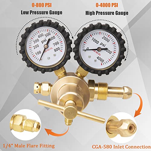 Regulador de nitrógeno HVAC con manguera de 60 pulgadas, regulador de nitrógeno 0-800 PSI de presión de salida, presión de entrada de 0-4000 PSI, conexión de entrada CGA580, conexión de salida macho