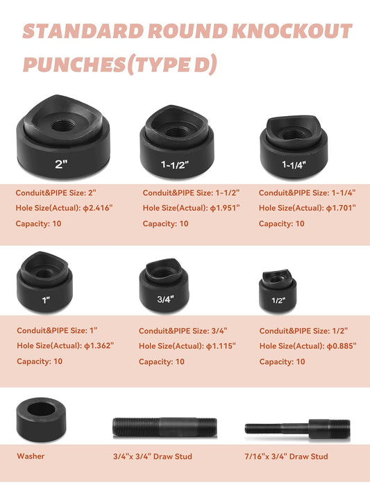 Kit de perforador hidráulico de perforador de agujeros de 1/2 a 2 pulgadas, juego de cortadores de agujeros para conductos eléctricos, kit de herramientas KO, perforador de hojas de metal, troquel de