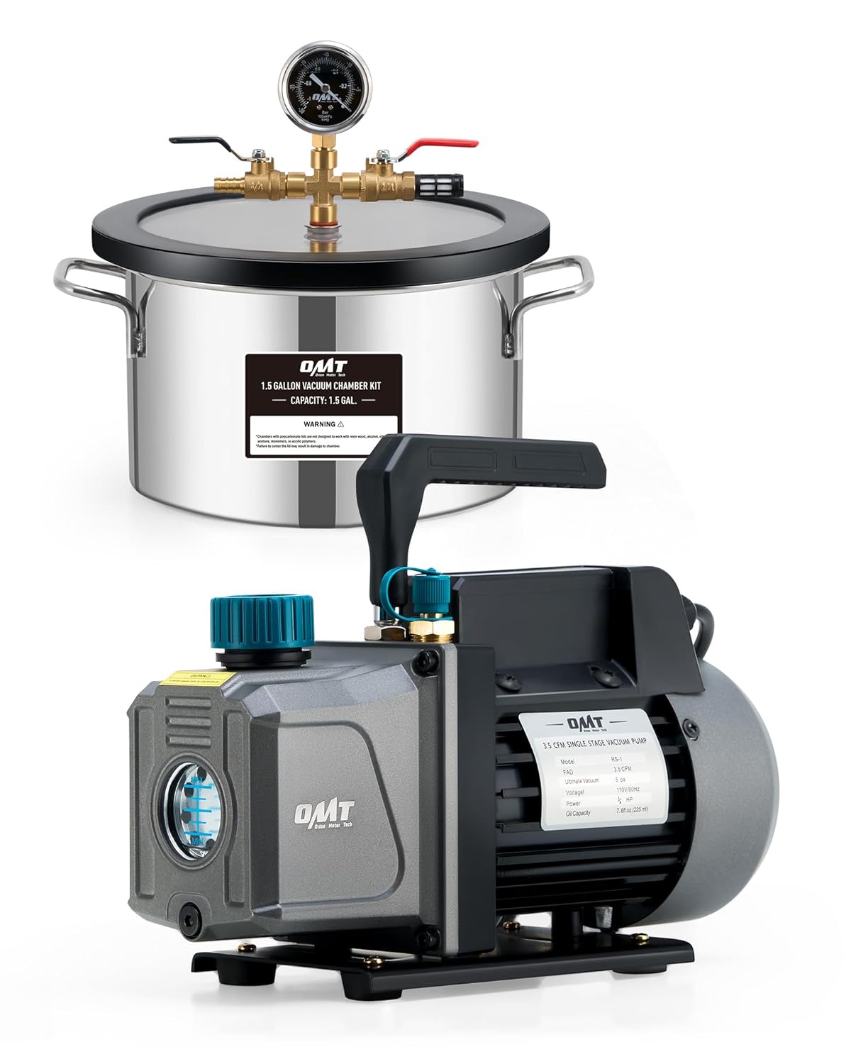 Orion Motor Tech Cámara de vacío de 3 galones con kit de bomba, bomba de vacío de 3.5 cfm y kit de cámara con tapa de vidrio templado manguera de 5 pies, kit de cámara de desgasificación al vacío para