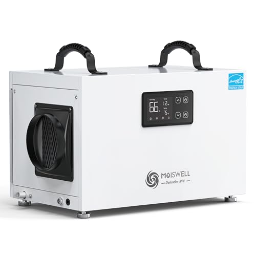 MOISWELL DEFENDER M70 Deshumidificador comercial de 145 pintas para espacio de arrastre, deshumidificador certificado Energy Star con manguera de drenaje compacto para daños de agua industrial en sótanos grandes