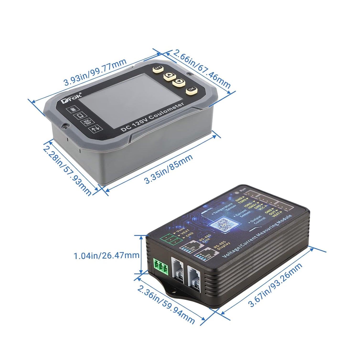 DROK - Multímetro de carga y descarga, 0-120 V 100 A CC voltímetro acoplador, control de aplicación de teléfono celular, monitor de batería LCD, voltaje, temperatura, capacidad de potencia, monitor de