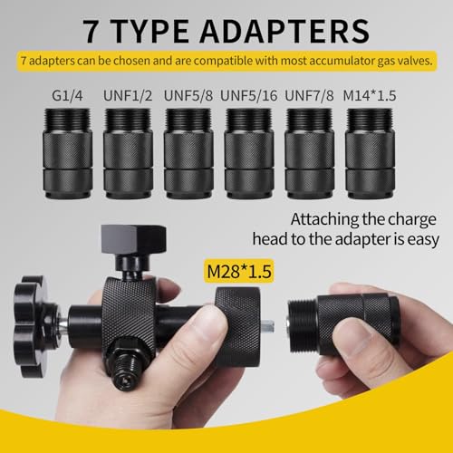 Kit de carga de acumulador de nitrógeno hidráulico con 3 medidores de prueba de presión y 7 adaptadores (M28* 1.5, UNF 5/8, UNF 1/2, etc.), kit de carga de nitrógeno métrico para acumulador GRYVOZE