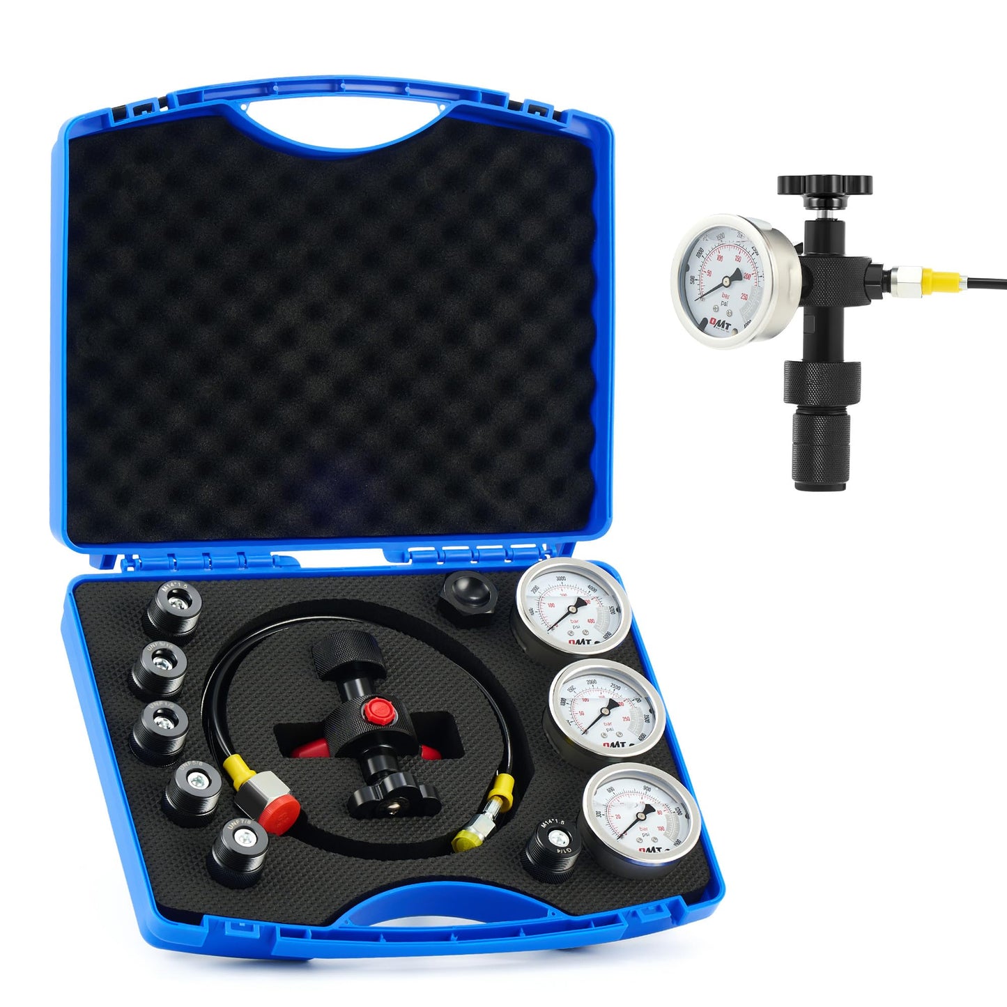 Orion Motor Tech Kit de carga de acumulador de nitrógeno hidráulico, kit de llenado de nitrógeno con 3 indicadores 1300 3500 5500 psi, 6 adaptadores, manguera de gas y cuerpo de válvula principal, kit