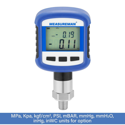 Medidor de presión industrial digital de 0-60 psi, 0.2% FS, NPT de 1/4 pulgadas inferior, caja y conexión de acero inoxidable, alimentado por batería, con Bluetooth y luz LCD