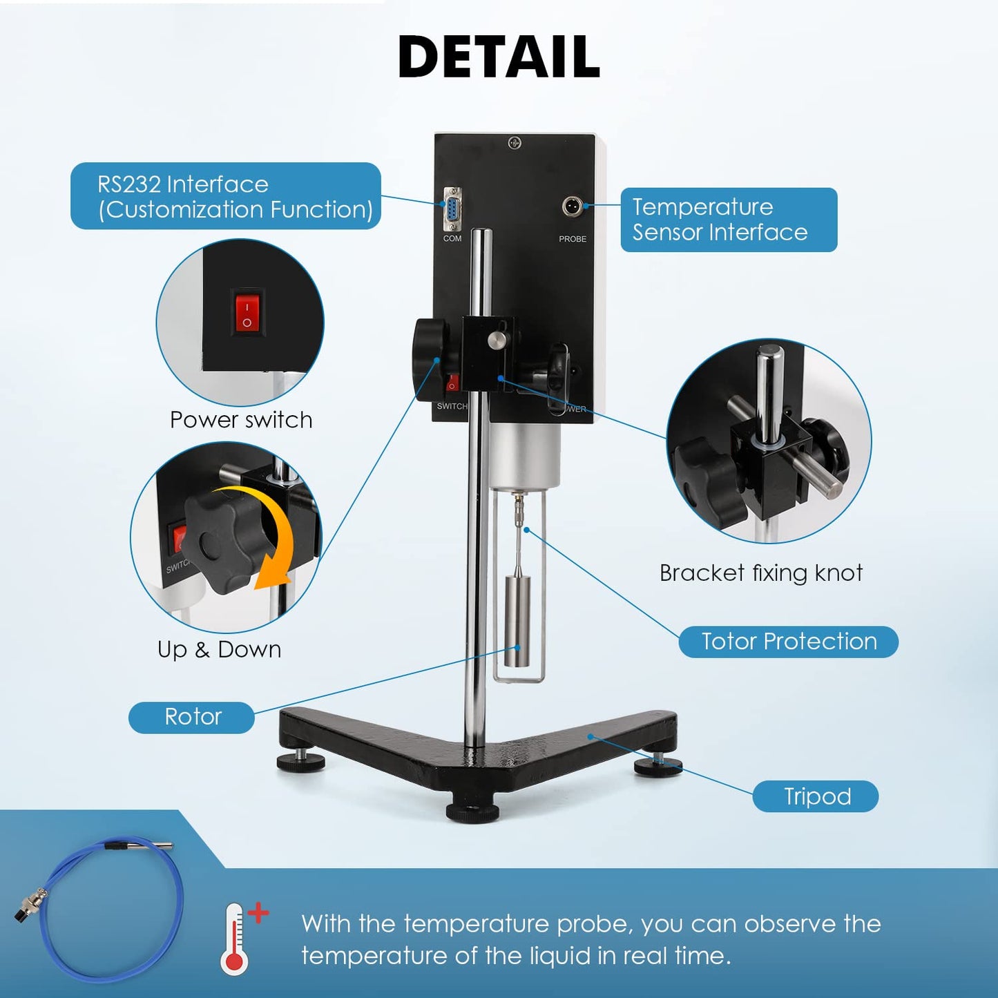 Bonvoisin Viscómetro rotatorio digital 10-6,000,000mPa.S de viscosidad de pantalla táctil con 4 rotores y sonda de temperatura ±1% Precisión 100-240V (NDJ-9T)