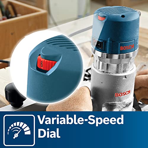BOSCH 1617EVSPK - Kit combinado de herramientas de enrutador de madera de 12 amperios - Enrutador de inmersión de 2.25 caballos de fuerza y base fija con una velocidad variable
