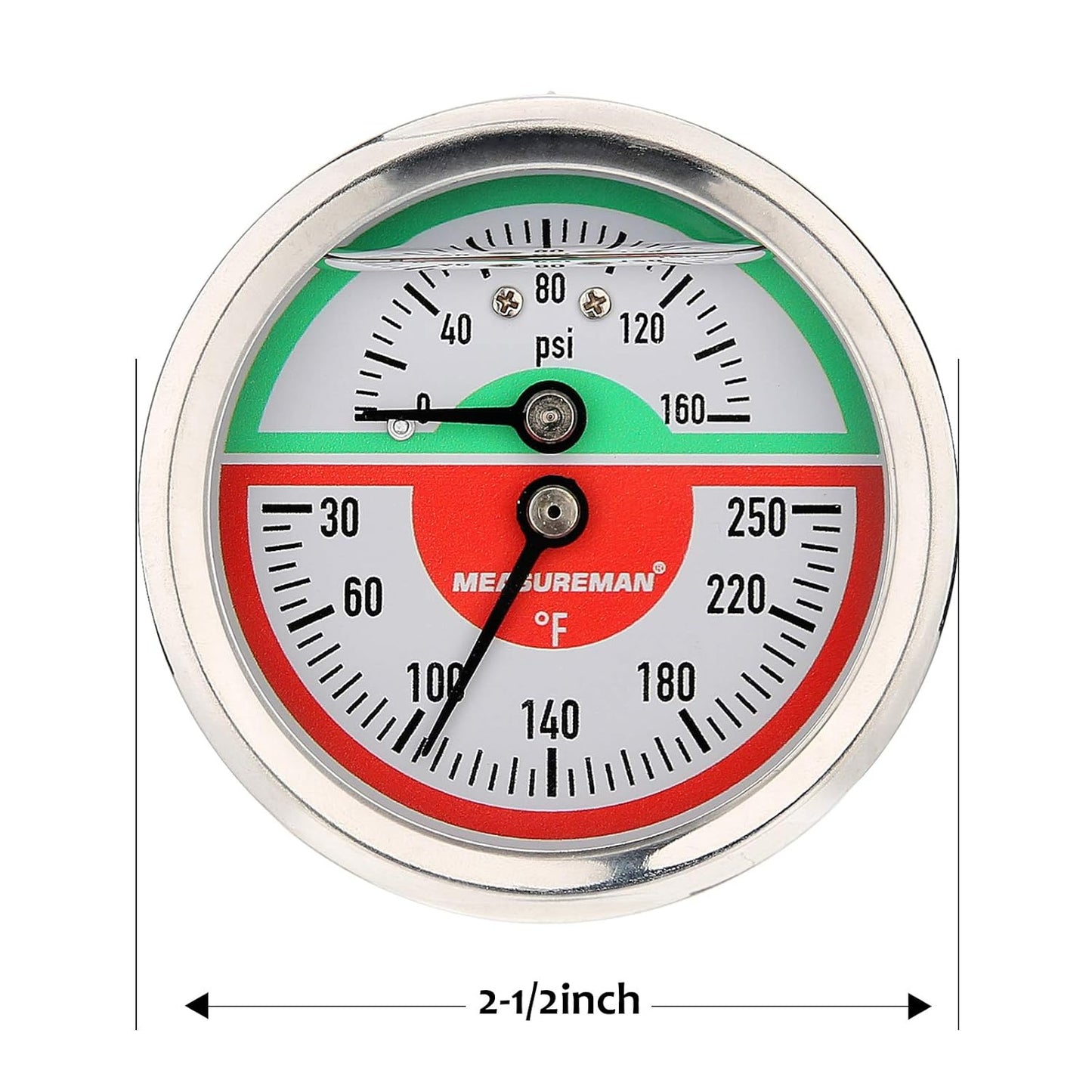 Measureman Tridicador, termo-manómetro, 2-1/2 pulgadas, relleno de aceite de silicona, 0-160 psi/30-250 grados F, caja de acero inoxidable, medidor de presión de montaje inferior NPT de 1/4 pulgadas