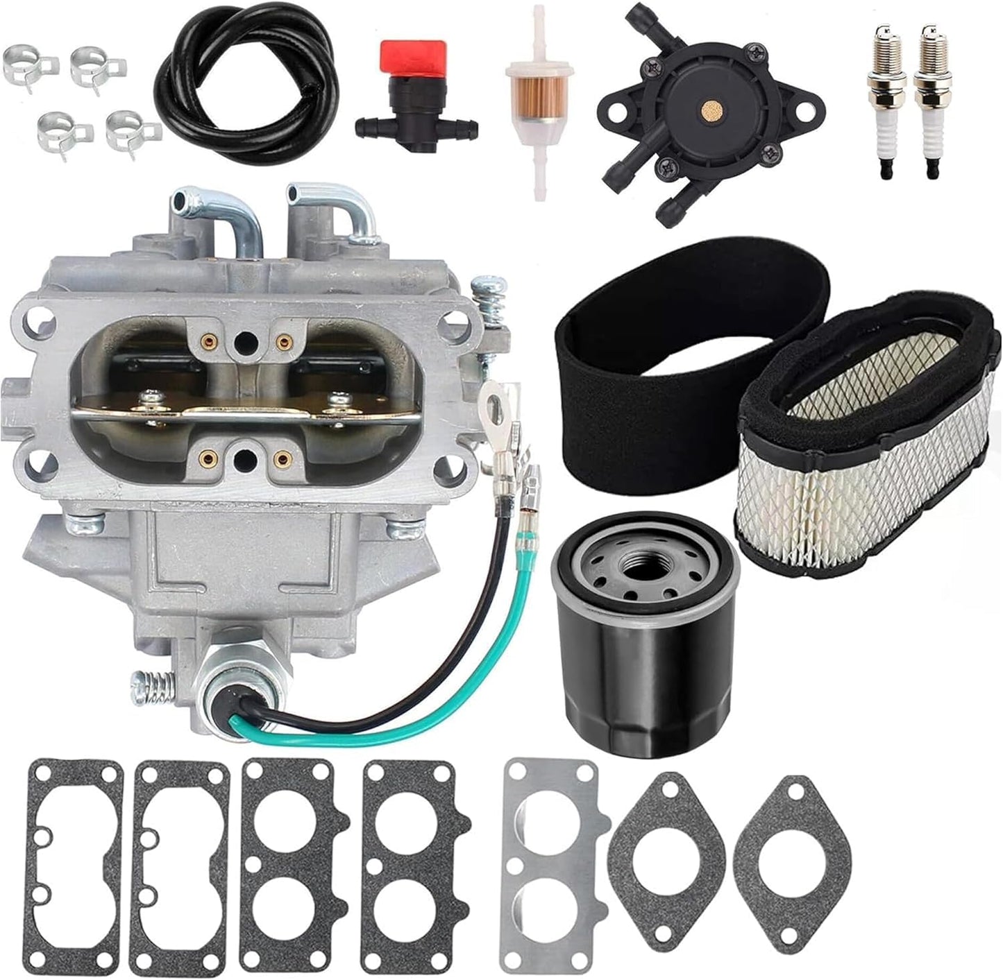 Carburador para John Deere GT245 GX255 GX335 Kit de mantenimiento completo con bujías de combustible, válvula de cierre de combustible, filtro de aire, filtro de aceite, bomba de combustible
