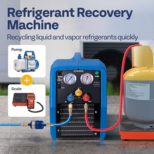 VIVOHOME R1234yf R32 3/4 HP Máquina de recuperación de refrigerante portátil sin aceite, unidad de reciclaje de freón HVAC para refrigerante líquido de vapor, aire acondicionado de coche