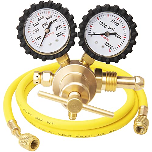 Regulador de nitrógeno HVAC con manguera de 60 pulgadas, regulador de nitrógeno 0-800 PSI de presión de salida, presión de entrada de 0-4000 PSI, conexión de entrada CGA580, conexión de salida macho