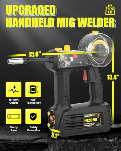 Máquina de soldadura MIG de mano 110V, HIZONE 100A Flux Core Máquina de soldadura portátil, equipo de soldadura de alimentación de alambre inversor sin gas de mano