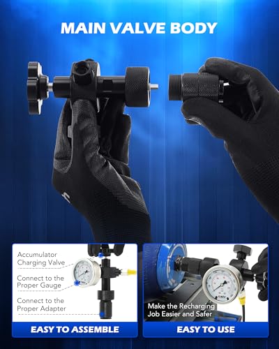Orion Motor Tech Kit de carga de acumulador de nitrógeno hidráulico, kit de llenado de nitrógeno con 3 indicadores 1300 3500 5500 psi, 6 adaptadores, manguera de gas y cuerpo de válvula principal, kit