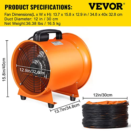 VEVOR Ventilador de ventilador utilitario, 12 pulgadas, 520 W, 2295 CFM, ventilador de alta velocidad con manguera de conducto de 32.8 pies, ventilador de ventilación portátil, extractor de humos para