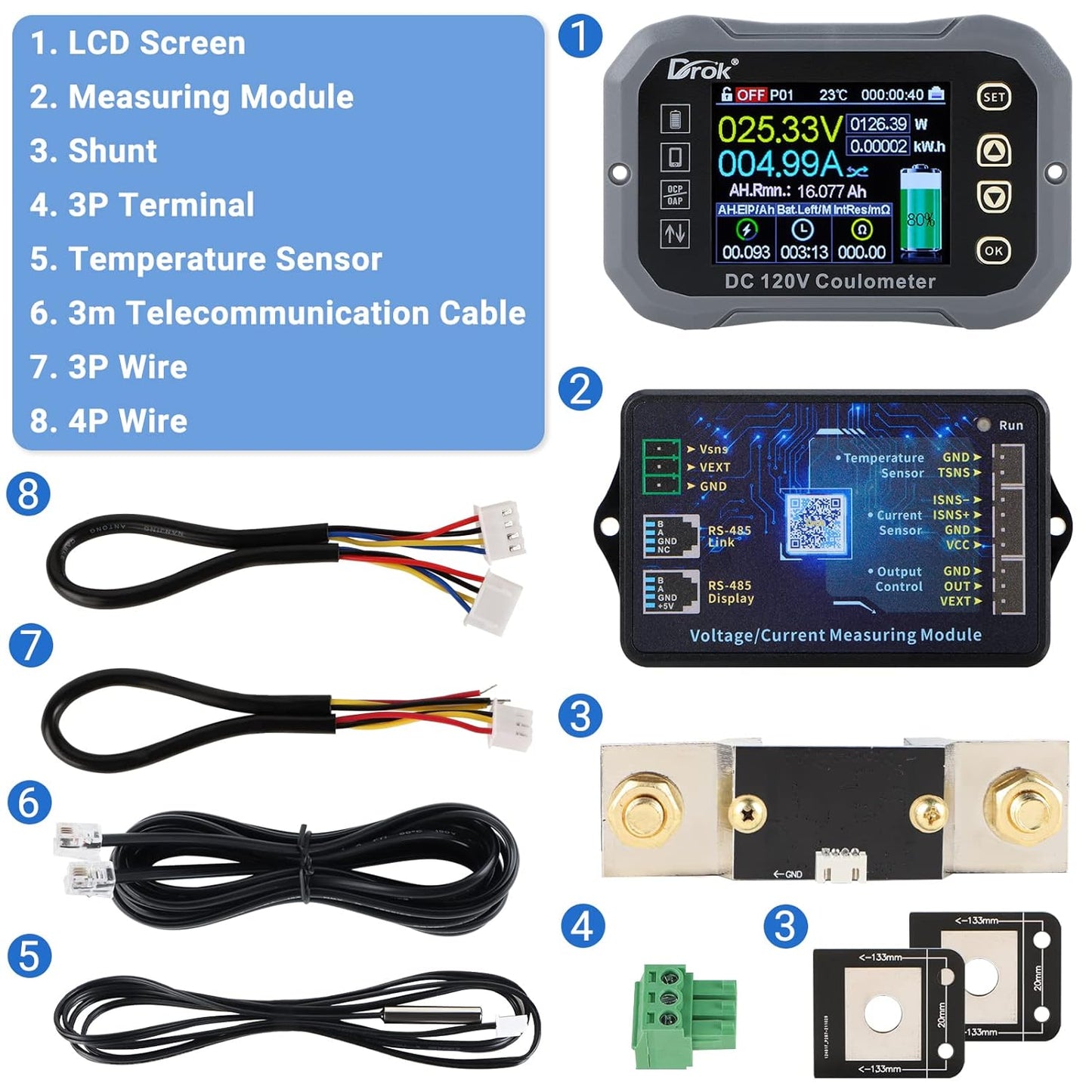 DROK - Multímetro de carga y descarga, 0-120 V 100 A CC voltímetro acoplador, control de aplicación de teléfono celular, monitor de batería LCD, voltaje, temperatura, capacidad de potencia, monitor de