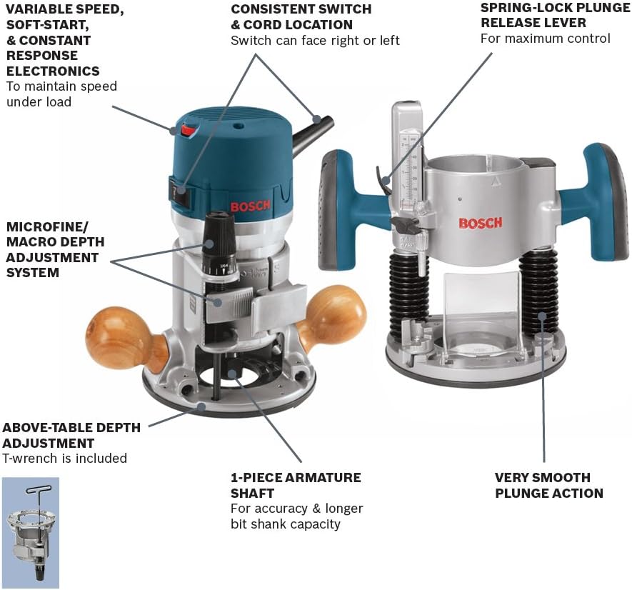 BOSCH 1617EVSPK - Kit combinado de herramientas de enrutador de madera de 12 amperios - Enrutador de inmersión de 2.25 caballos de fuerza y base fija con una velocidad variable