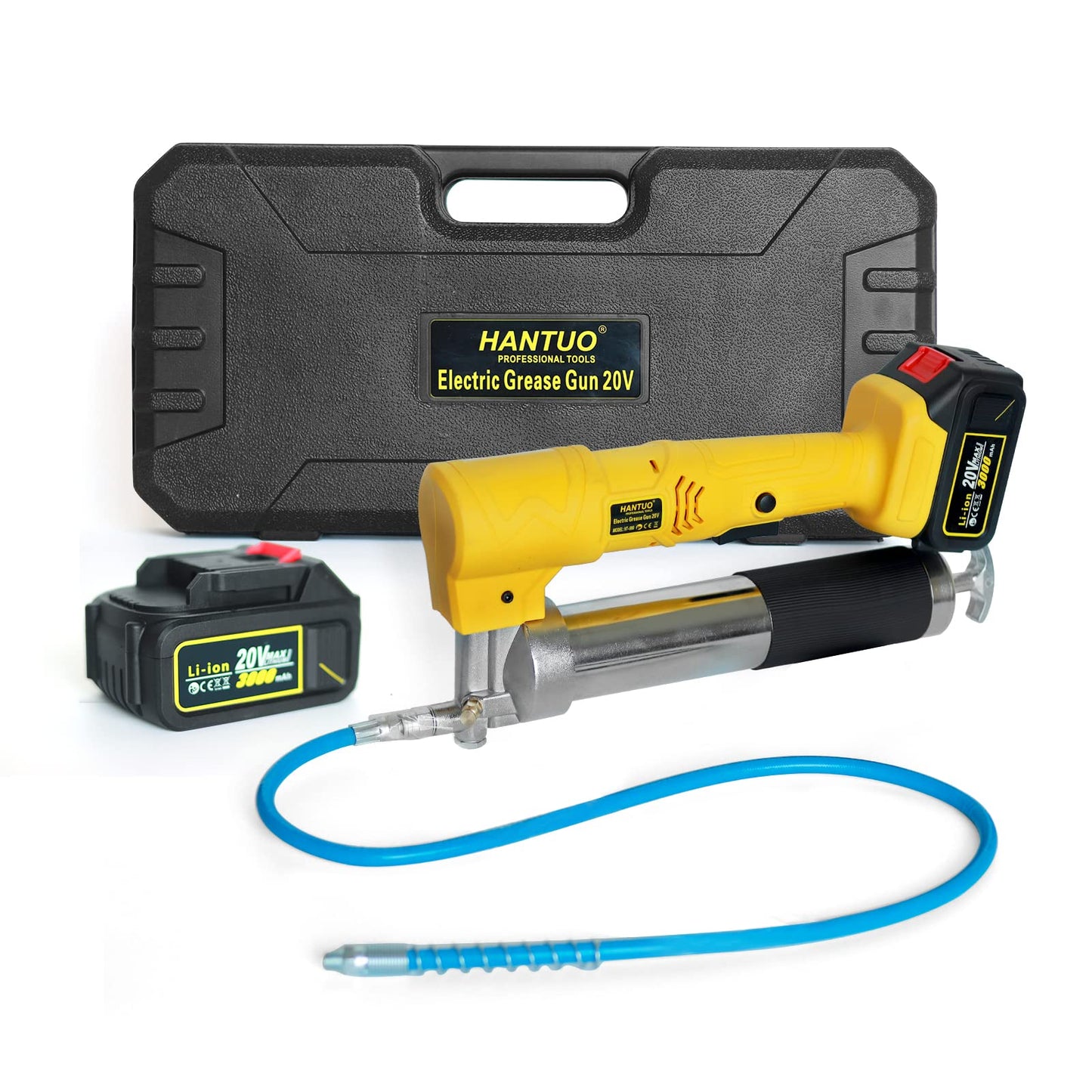 HANTUO - Pistola de engrasado inalámbrica de 20 V, pistola de engrasado eléctrica profesional de alta presión 10000 PSI, batería incluida con estuche de transporte