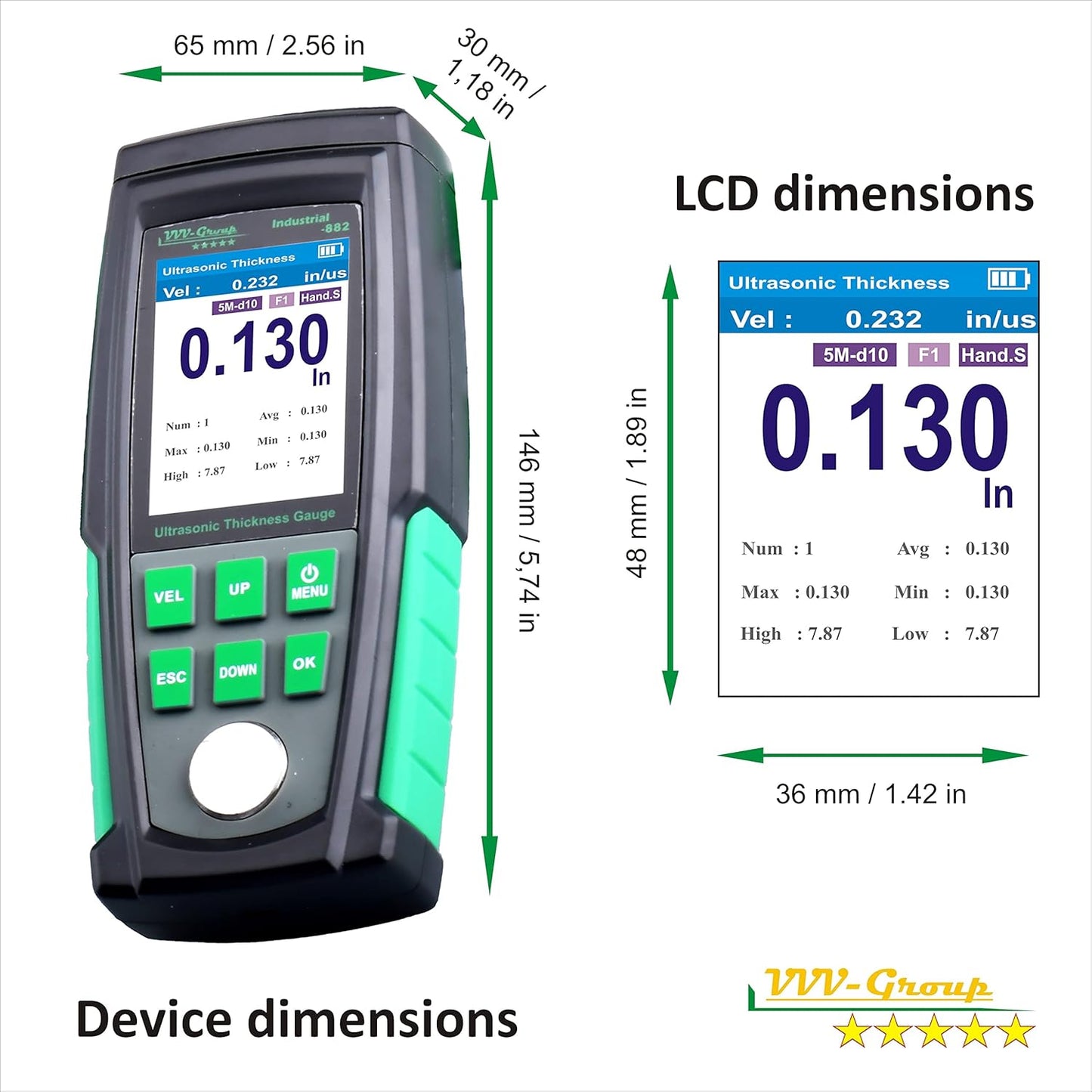 Medidor de espesor ultrasónico Industrial-882 / acero, metales, plástico, vidrio, PVC, medidor de espesor de tuberías, rango de 0.039 a 8.8 pulgadas, LCD de color HD de 2.4 pulgadas, calibración automática (todo el material)