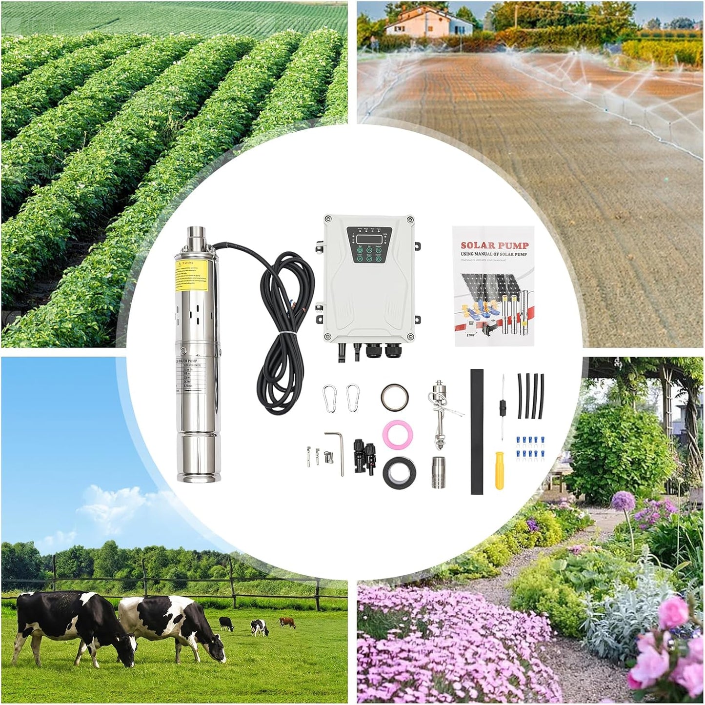 Bomba sumergible solar de pozo profundo de 3 pulgadas, 24 V, 270 W, bomba de agua solar sumergible de acero inoxidable para riego agrícola + kit de controlador MPPT 3FLS1.8/100-D24/270 (24 V 270 W)