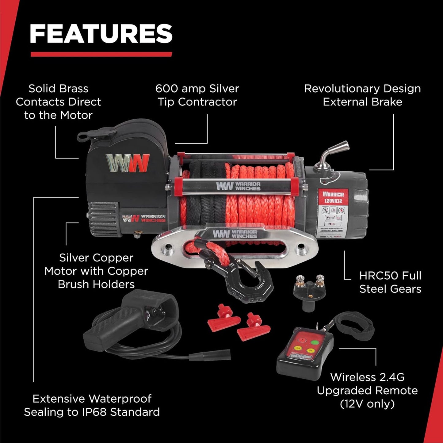 Warrior Winches Samurai 8,000 lbs 12v cabrestante eléctrico con cable de acero: perfecto para Jeep Wranglers, camiones, ATV y aventuras todoterreno. Controles inalámbricos