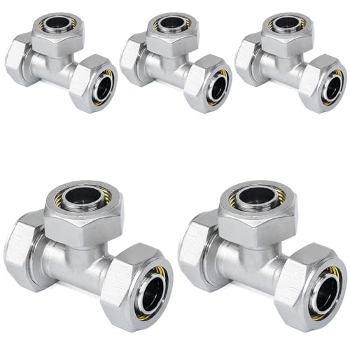 5 accesorios de tubería de aire en T de 3/4 pulgadas, tubo de 3/4 pulgadas x tubo de 3/4 pulgadas x tubo de 3/4 pulgadas, latón niquelado, presión de trabajo de 200 PSI, accesorios de línea de aire