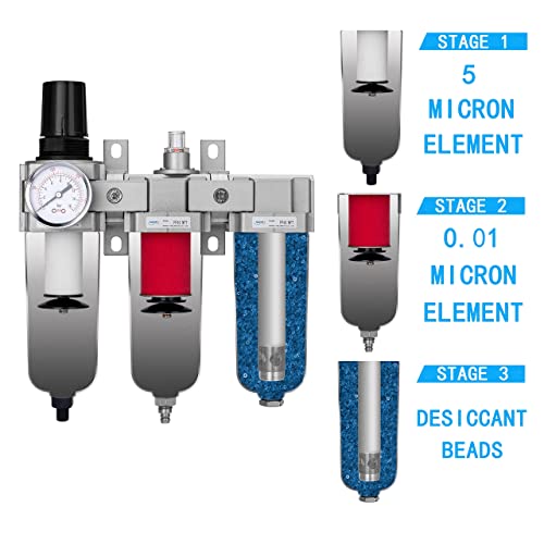 NANPU Sistema de secado de aire NPT de grado industrial de 3 etapas, filtro de partículas, filtro coalescente, secador desecante y regulador de aire, cuenco de metal, drenaje automático, apto para spray de pintura y cortador de plasma FRPD44-D