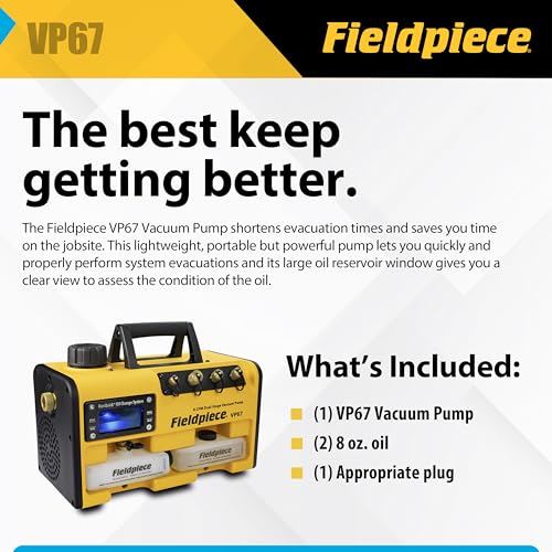 Fieldpiece Bomba de vacío VP67 – 6 CFM, motor CC de 1/2 HP, sistema de cambio de aceite RunQuick – Portátil – Herramienta profesional HVAC – Compatible con A2L