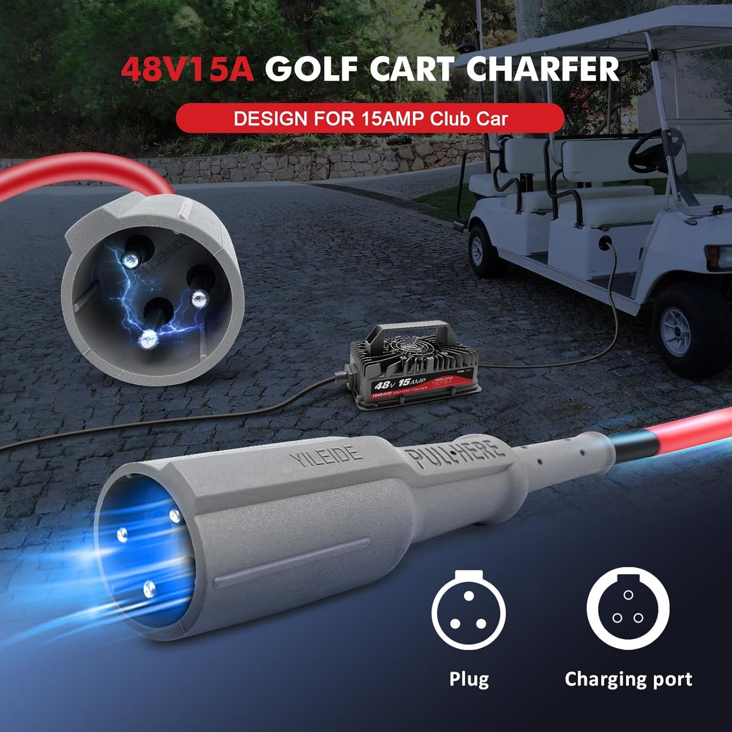 Cargador de carrito de golf de 15 amperios para EZGO y TXT de 48 voltios con enchufe Delta-Q de 3 pines