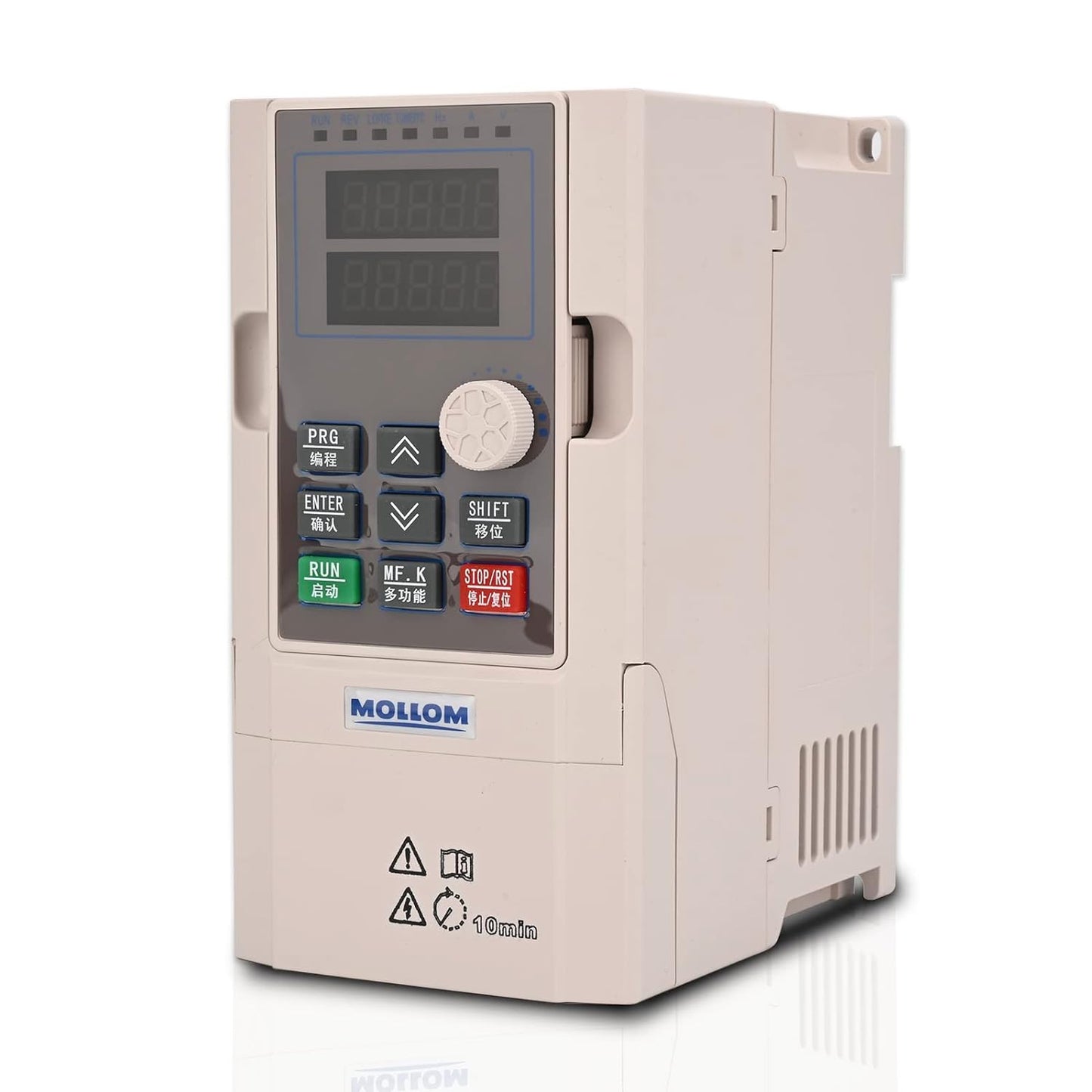 Mollom VFD 1.5KW 2HP 5.1A, de Entrada Monofásica o Trifásica a 220V, con Salida de 3 Fases y Frecuencia Variable de 0-3000 Hz, es un Inversor para el Control de Velocidad del Motor del Husillo en CNC G70-2T-1R5G-B