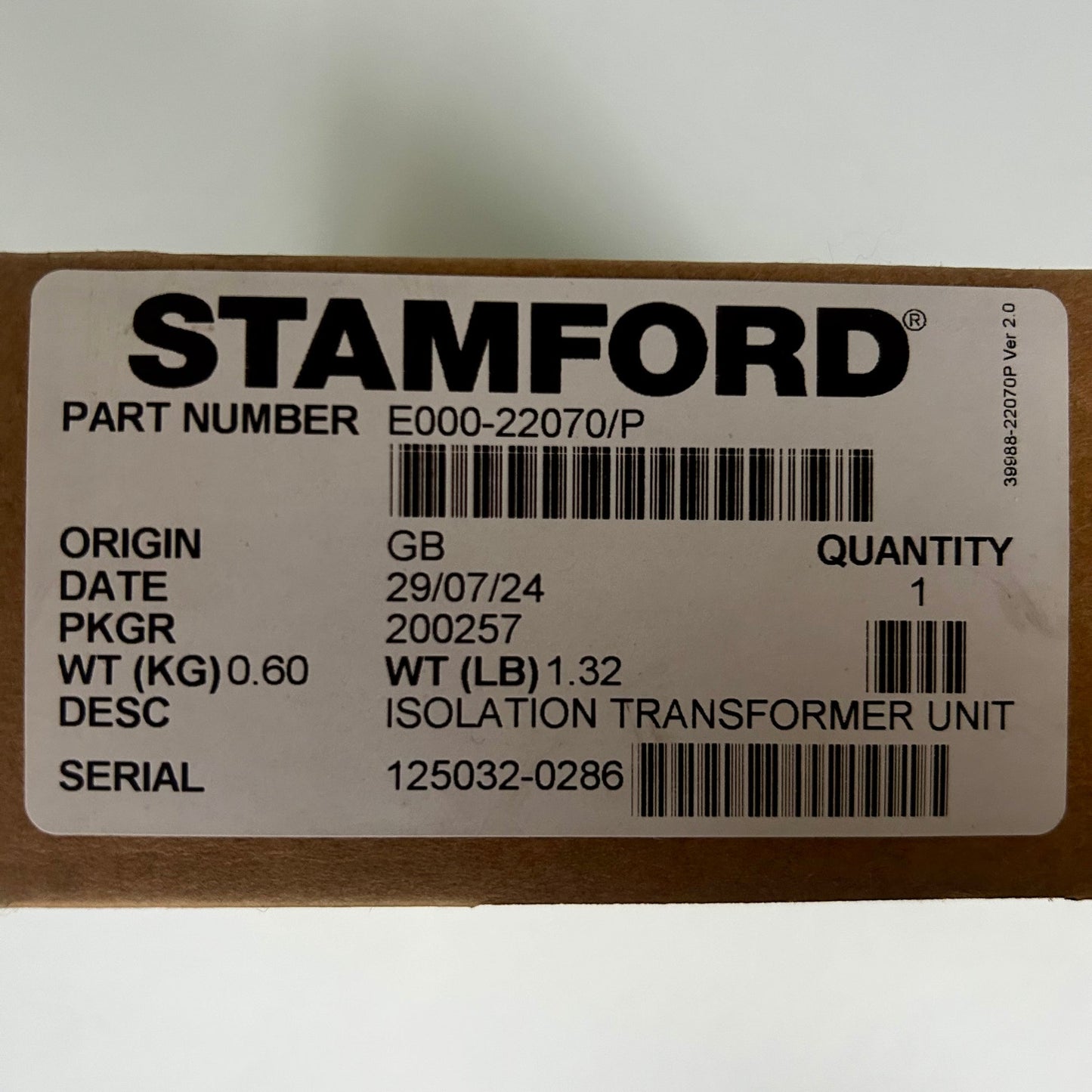 Stamford E000-22070/P Transformador de aislamiento Stamford - Original y fabricado en el Reino Unido. E000-22070 / 076-05210