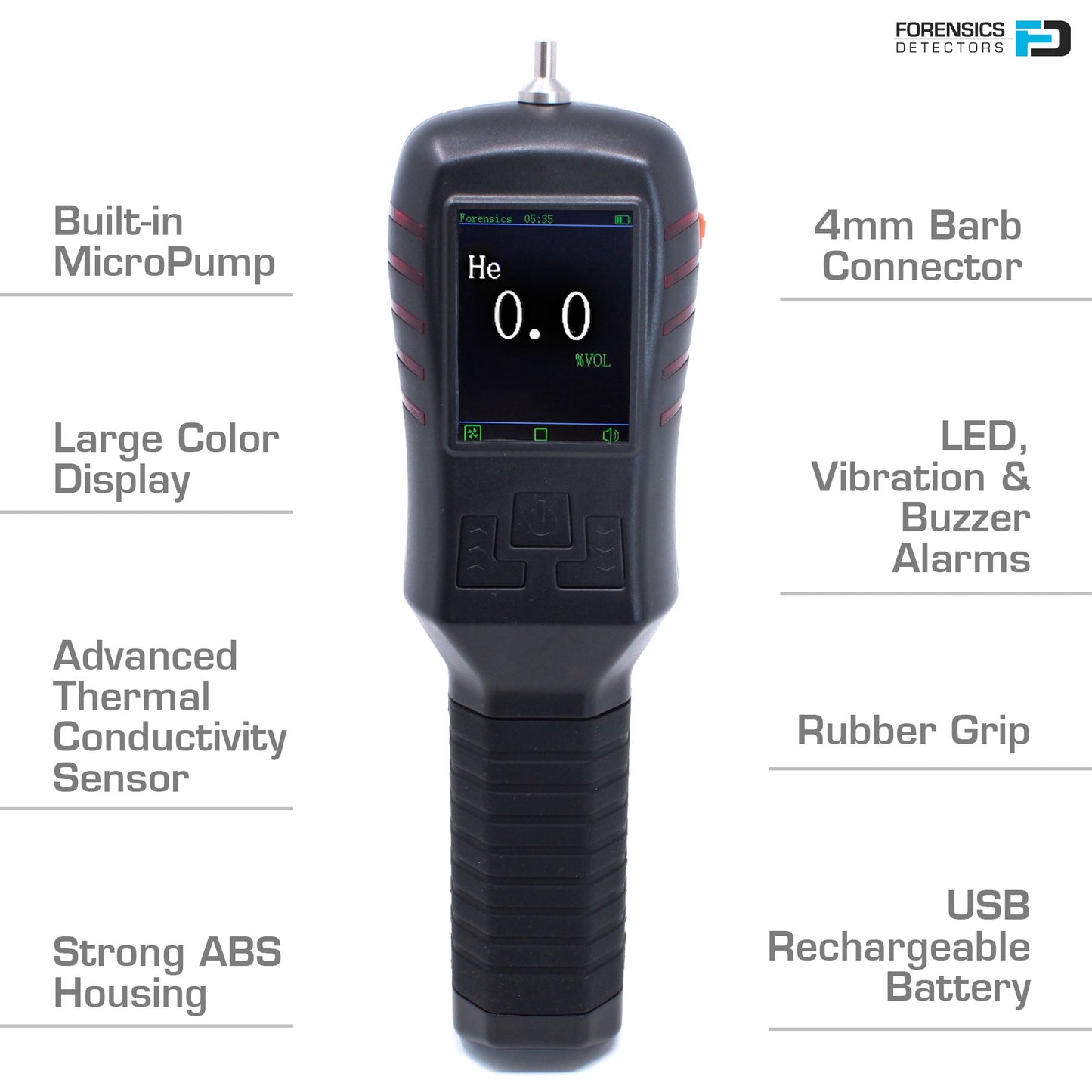 Analizador de helio | Fuga 0-100% | Calibración NIST de EE. UU Marca: FORENSICS DETECTORS Modelo: FD-311-He