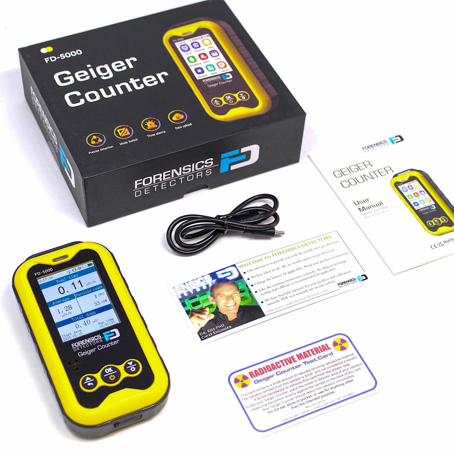 FORENSICS DETECTORS FD-5000 Geiger Counter + Radiation Test Card | Nuclear Radiation Detector