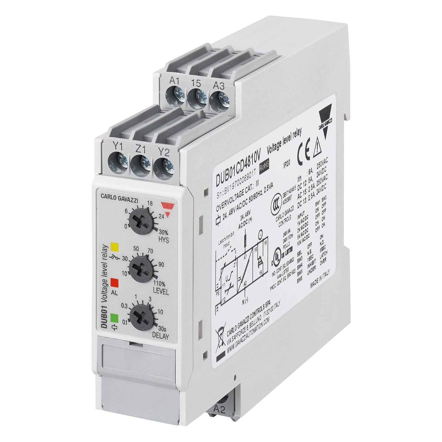 Carlo Gavazzi Inc. DUB01CB2310V DUB01 Sobrevoltaje, subvoltaje 115 ~ 230VCA 0.1 ~ 30s -20°C ~ 60°C