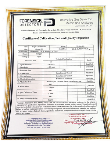SERVICIO DE CALIBRACION FORENSICS DETECTORS (1 GAS) REALIZADO POR FABRICANTE EN USA