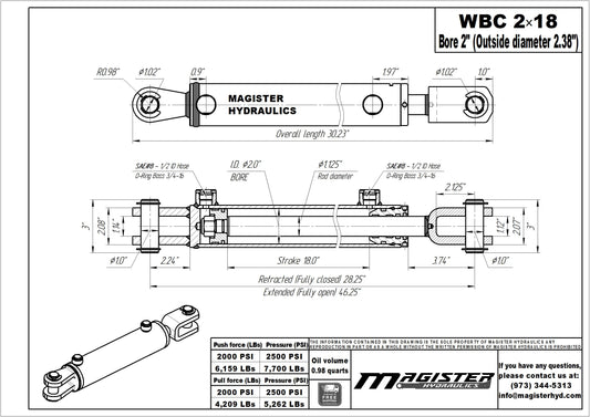 Magisterhyd Cilindro hidráulico de horquilla de 2" de diámetro x 18" de carrera SKU: WBC 2x18