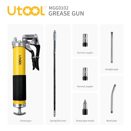 UTOOL - Pistola de engrase, 8000 PSI, kit de pistola de engrasar de alta resistencia con capacidad de 14 onzas, manguera flexible de resina de 18 pulgadas, 2 acopladores básicos, 2 tubos rígidos de